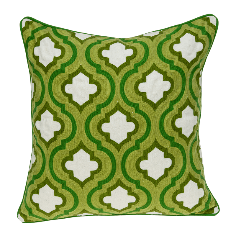 Green square throw pillow with white clover trefoil quatrefoil pattern and trim