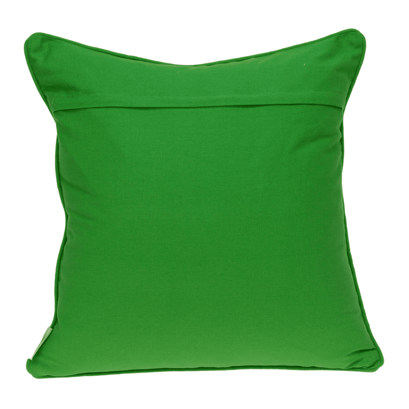 Solid green square throw pillow back with smooth fabric and stitched edge