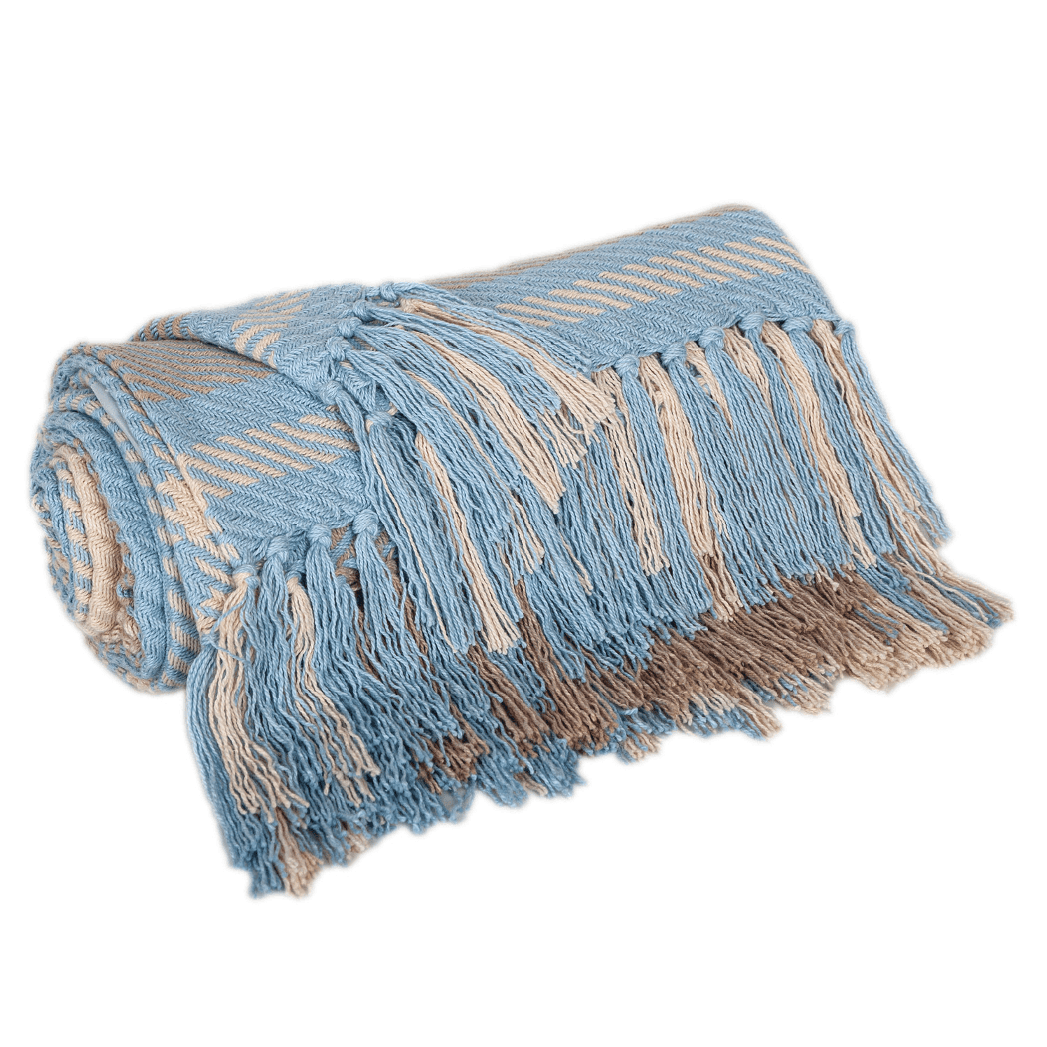 Cotton throw blanket with light blue and cream stripes, fringed tassels, folded view