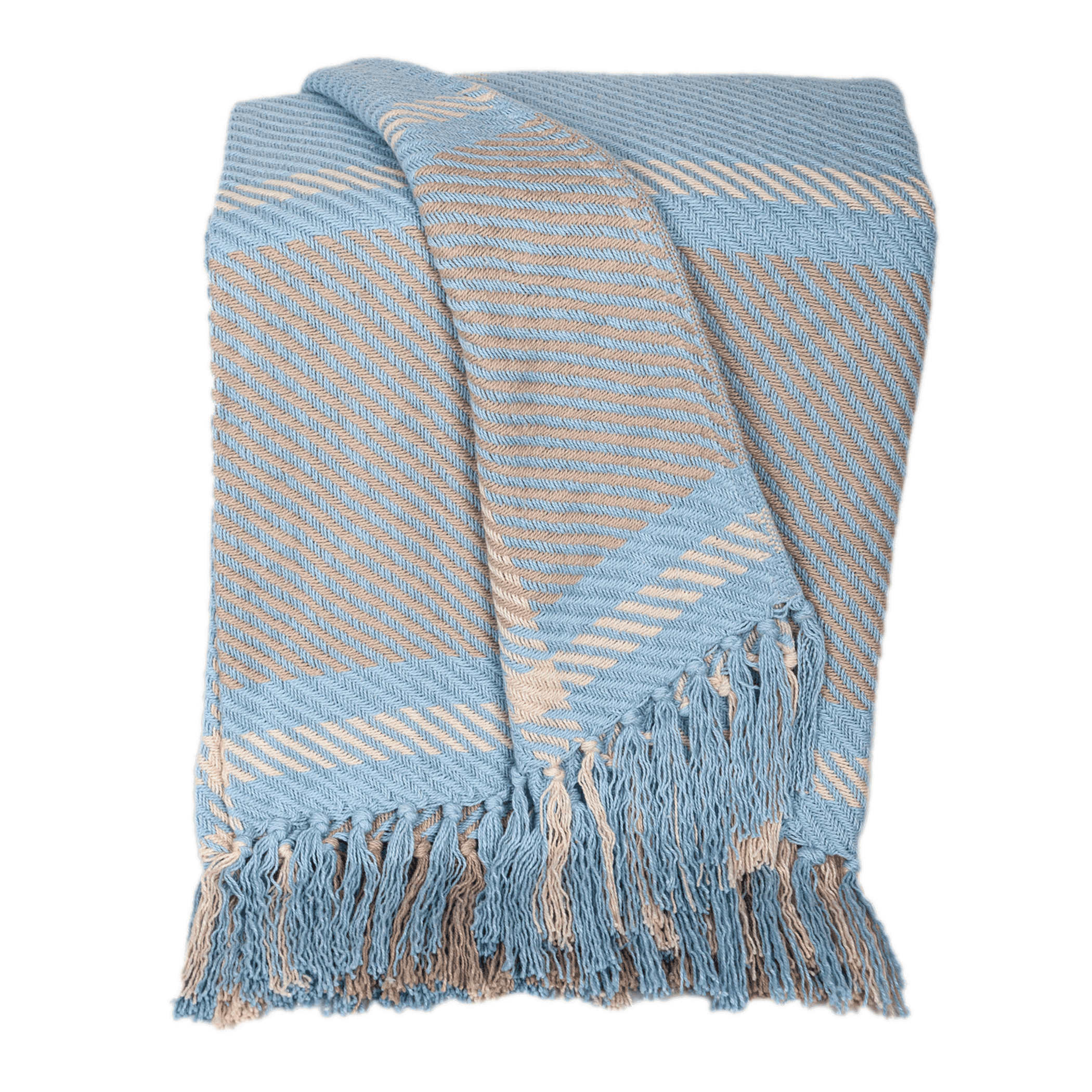 Cotton throw blanket with light blue striped pattern, cream accents, tassel fringe