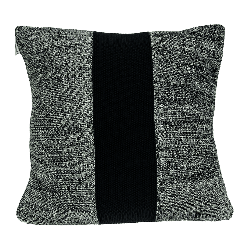 Nautical throw pillow with gray textured fabric and black center stripe