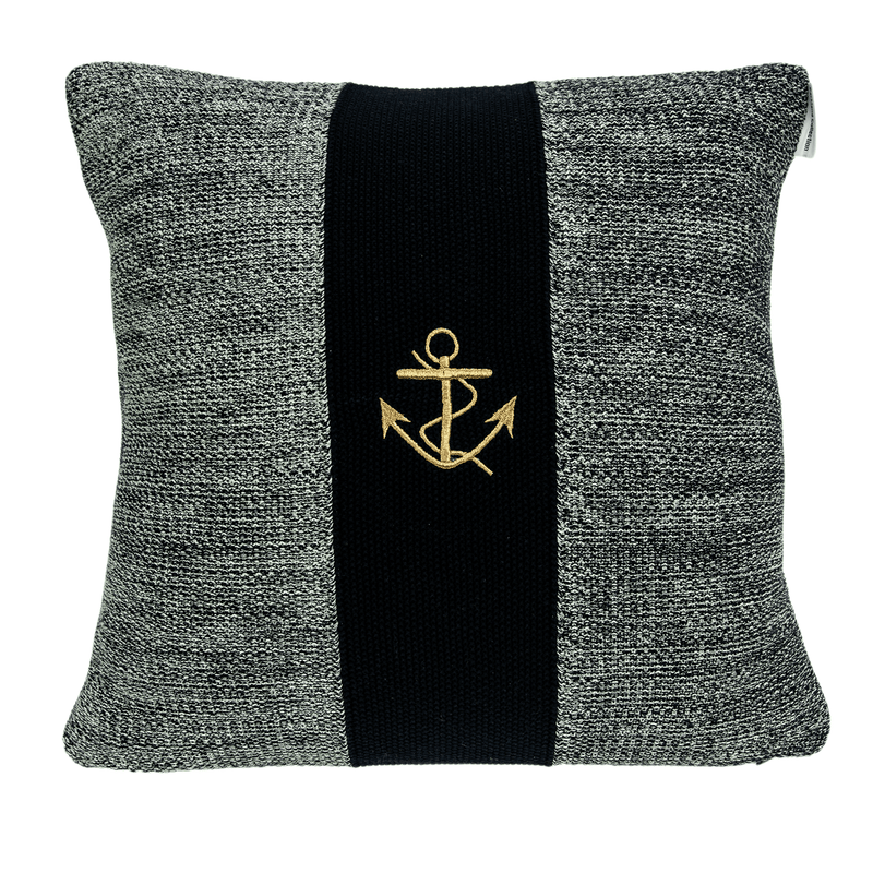 Nautical throw pillow with gray woven look, black vertical stripe, gold anchor applique