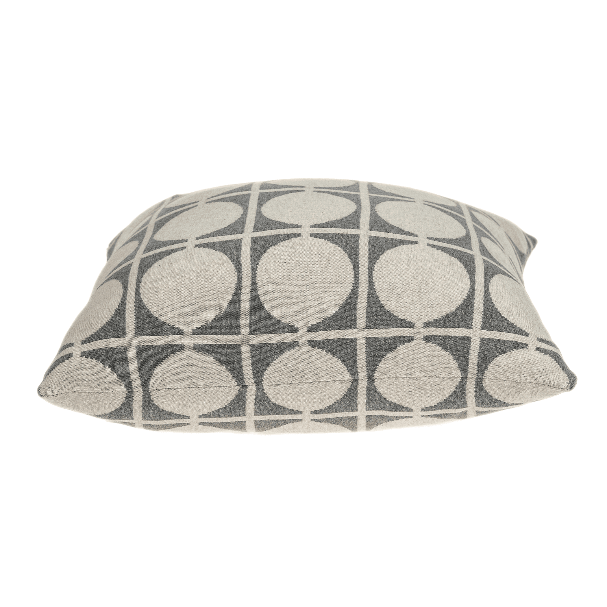 Beige and gray geometric circle grid throw pillow, angled side view