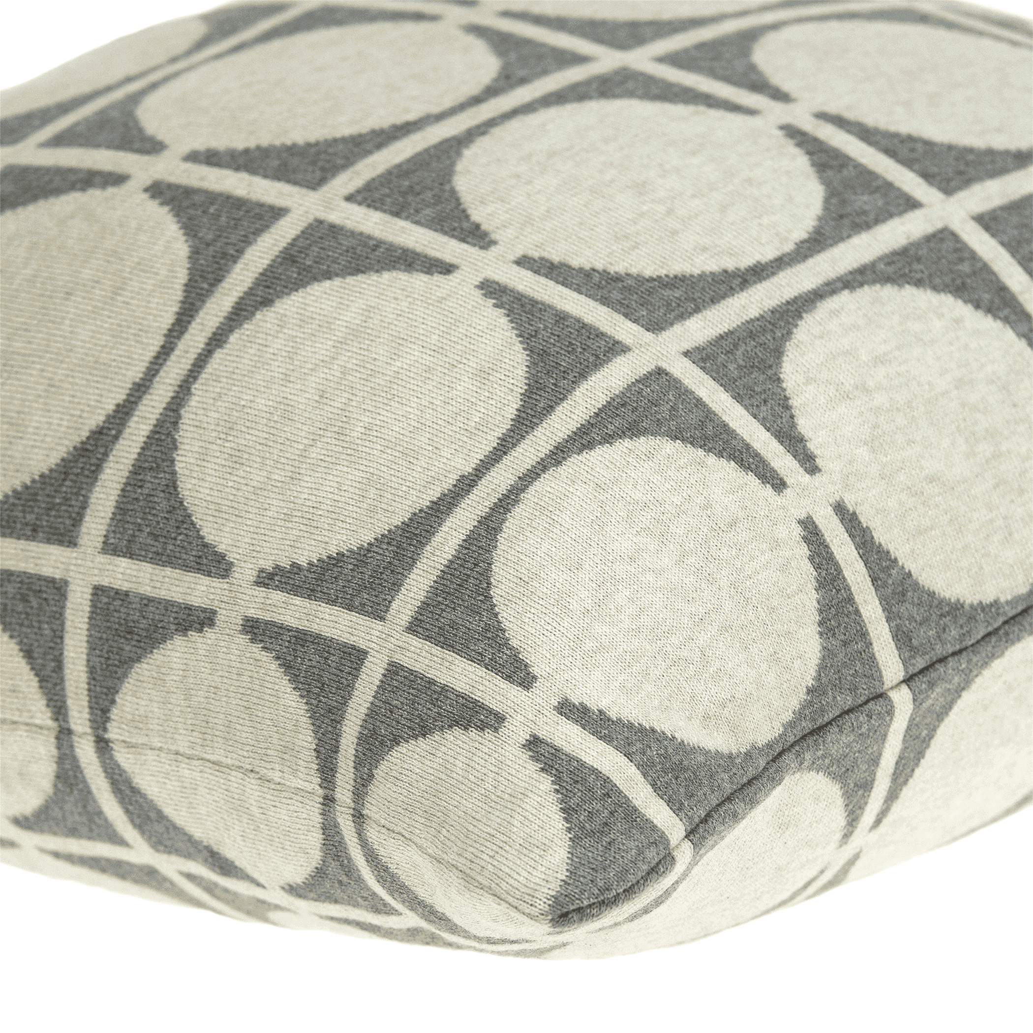 Beige and gray circular grid throw pillow fabric corner close-up
