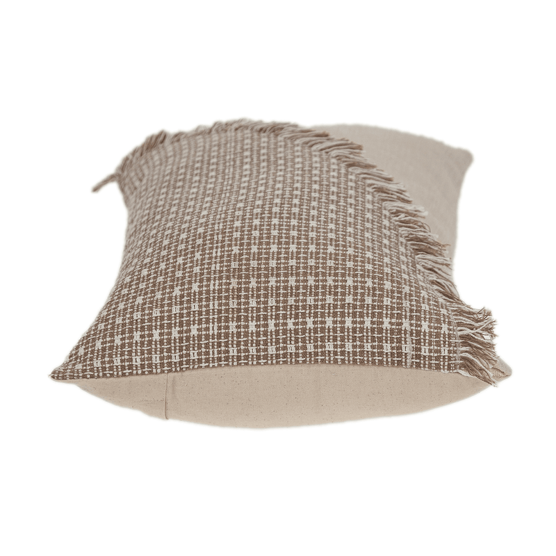 Woven throw pillow with dark-brown grid face, beige backing, and fringed border