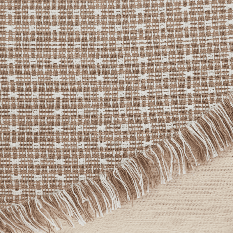 Dark-brown and beige woven pillow front with small grid texture and fringe detail