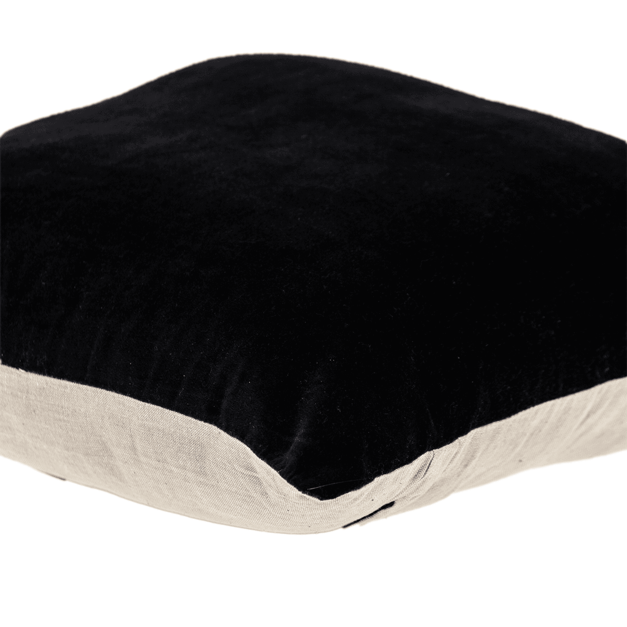 Black velvet-style throw pillow with beige trim seam