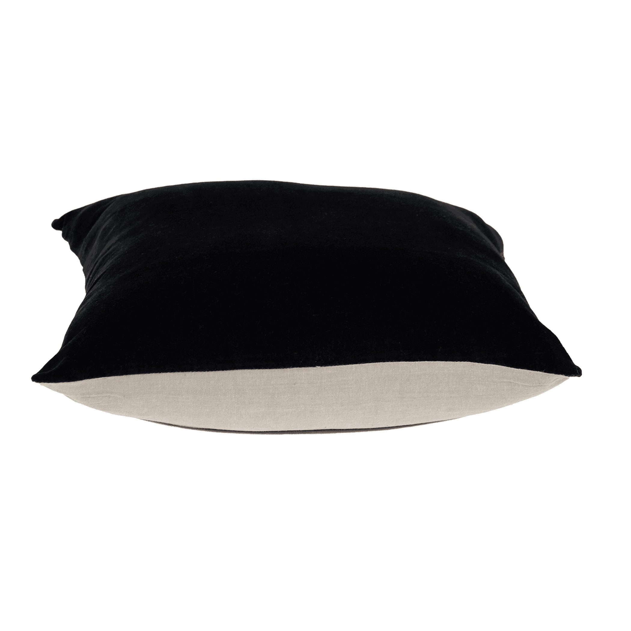 Black throw pillow with beige backing and centered seam