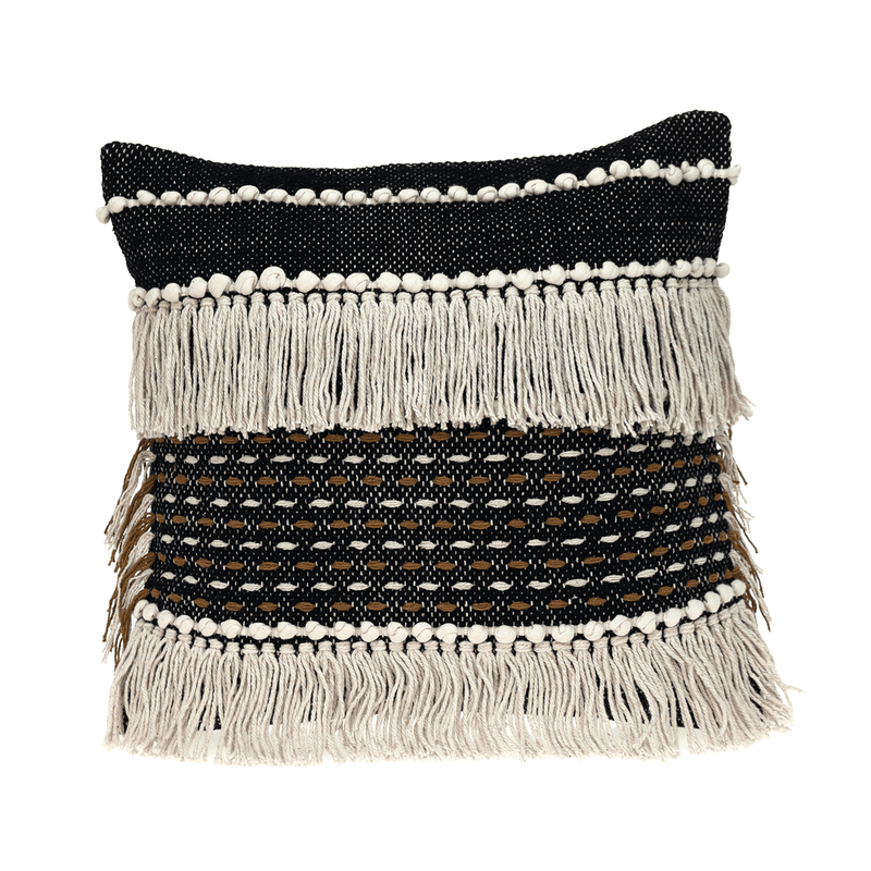Black woven throw pillow with layered stripes, white pom-pom trim, long fringe
