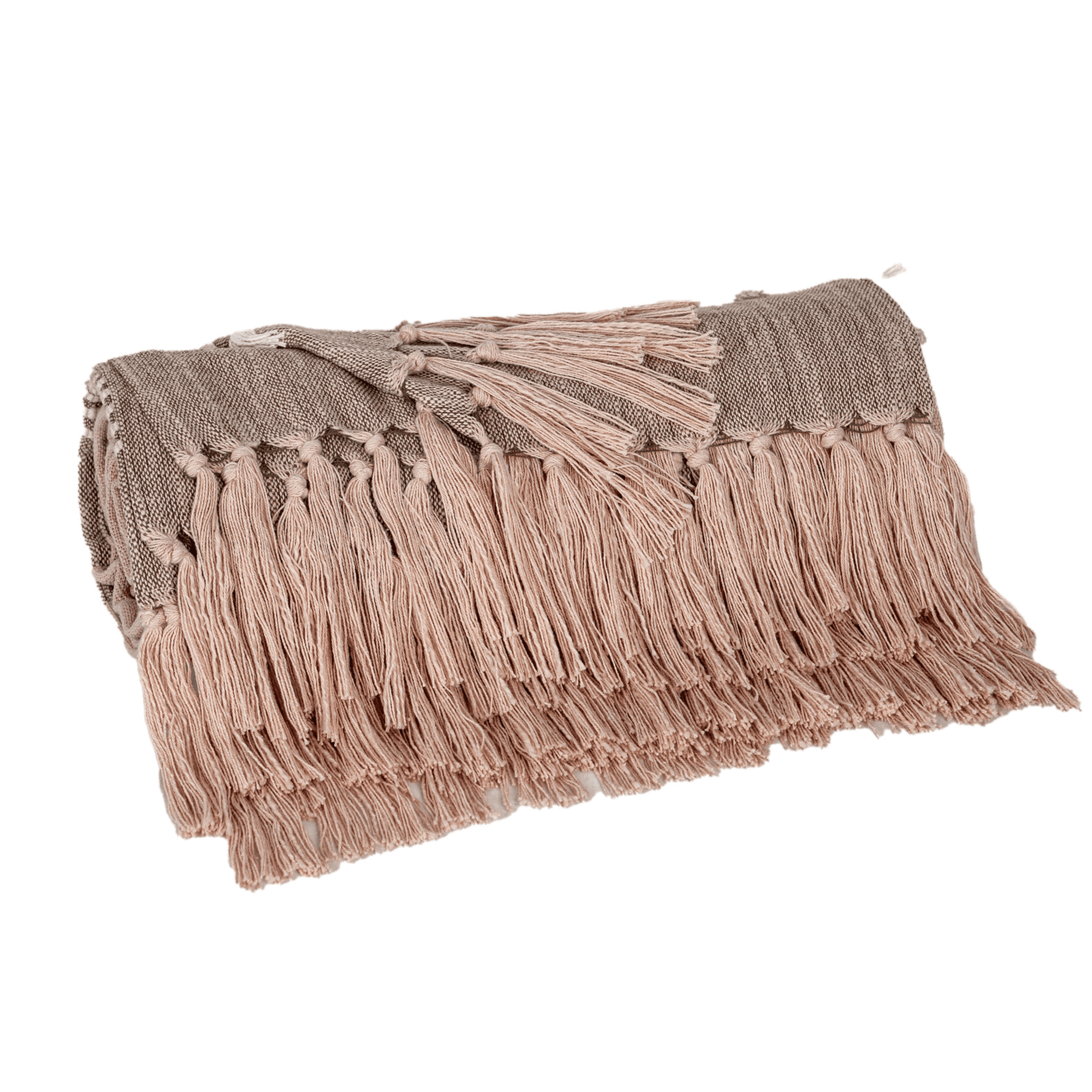 Coffee grey cotton slub throw with fringe trim, tasseled edges, 50x60 in