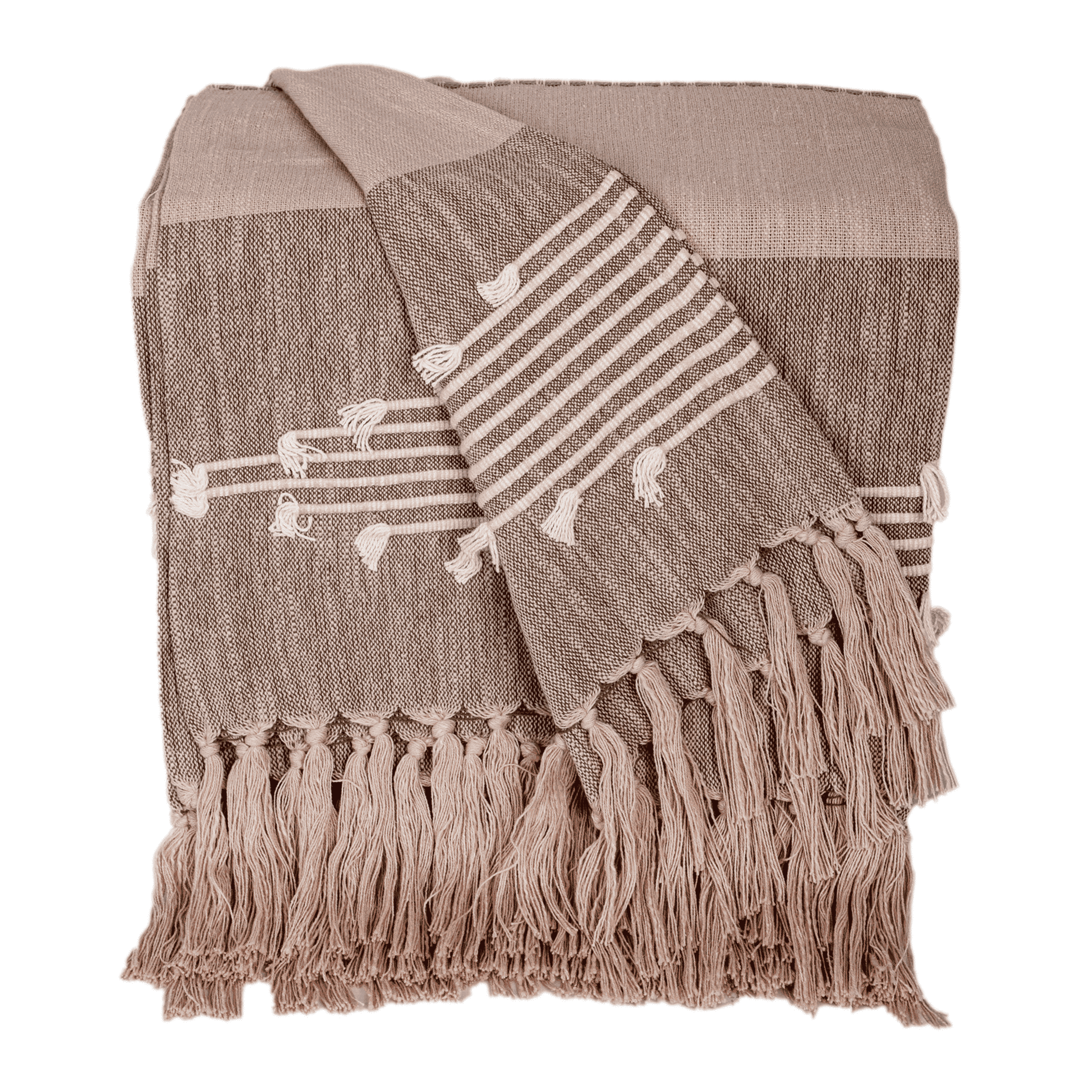 Coffee grey cotton throw with striped accent and tassel fringe, 50x60 in