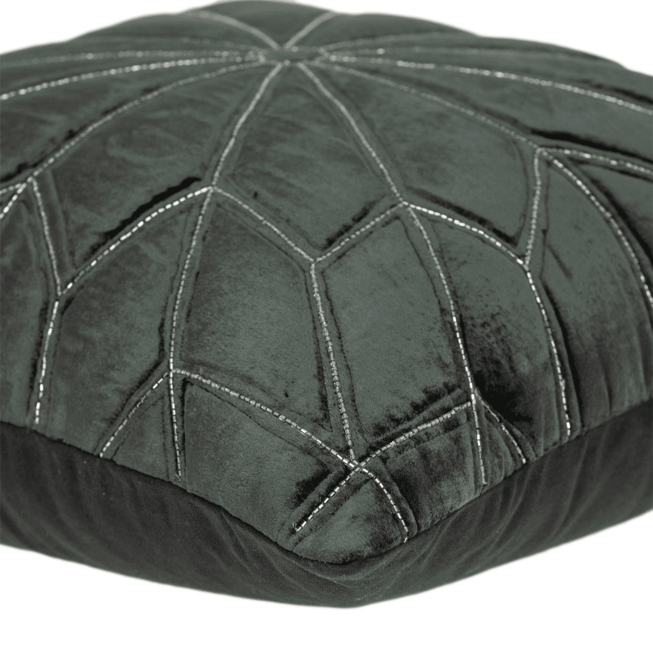 Dark gray throw pillow close-up showing stitched geometric sections and rounded piped edge.