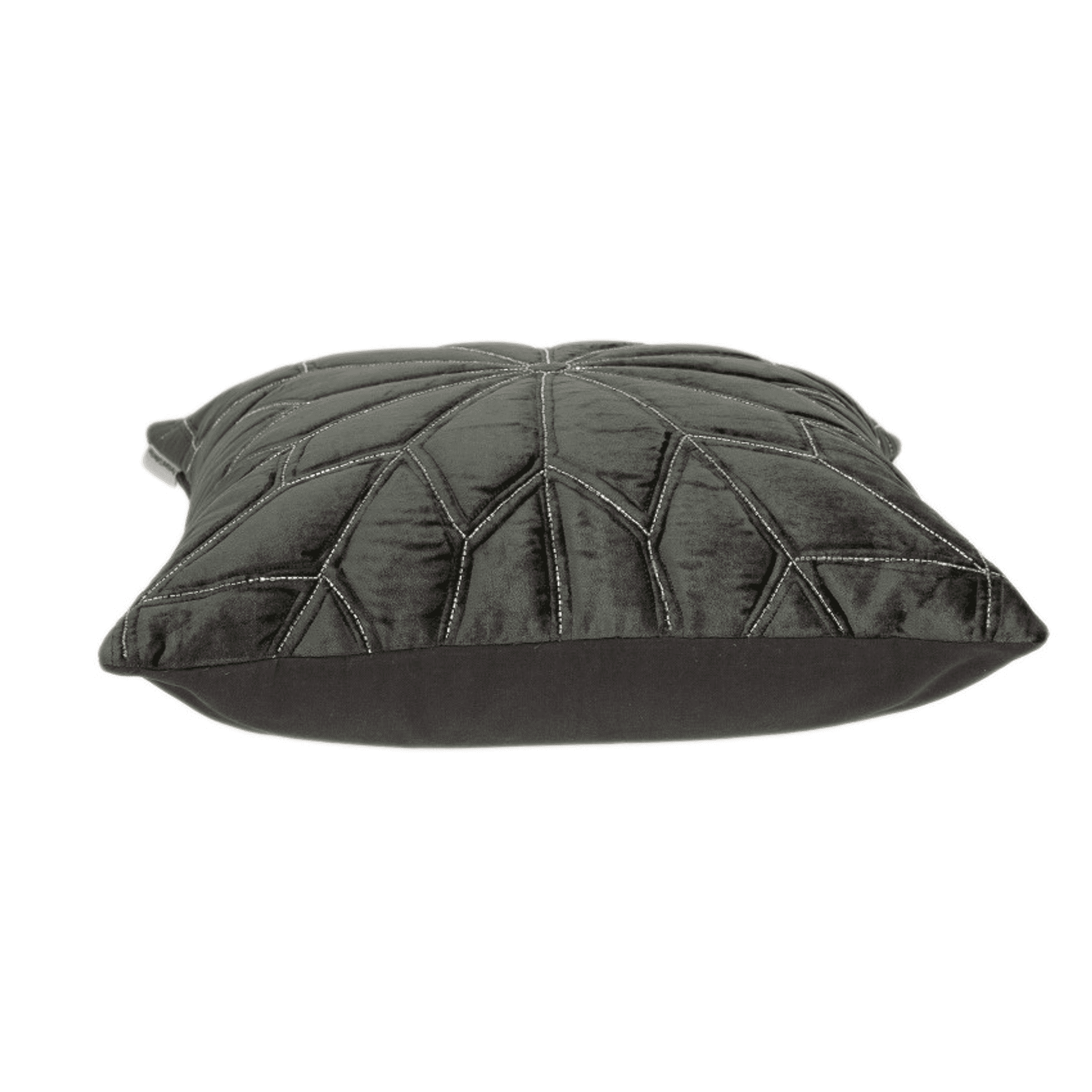 Dark gray throw pillow viewed from the side with stitched geometric lines and piped edge.