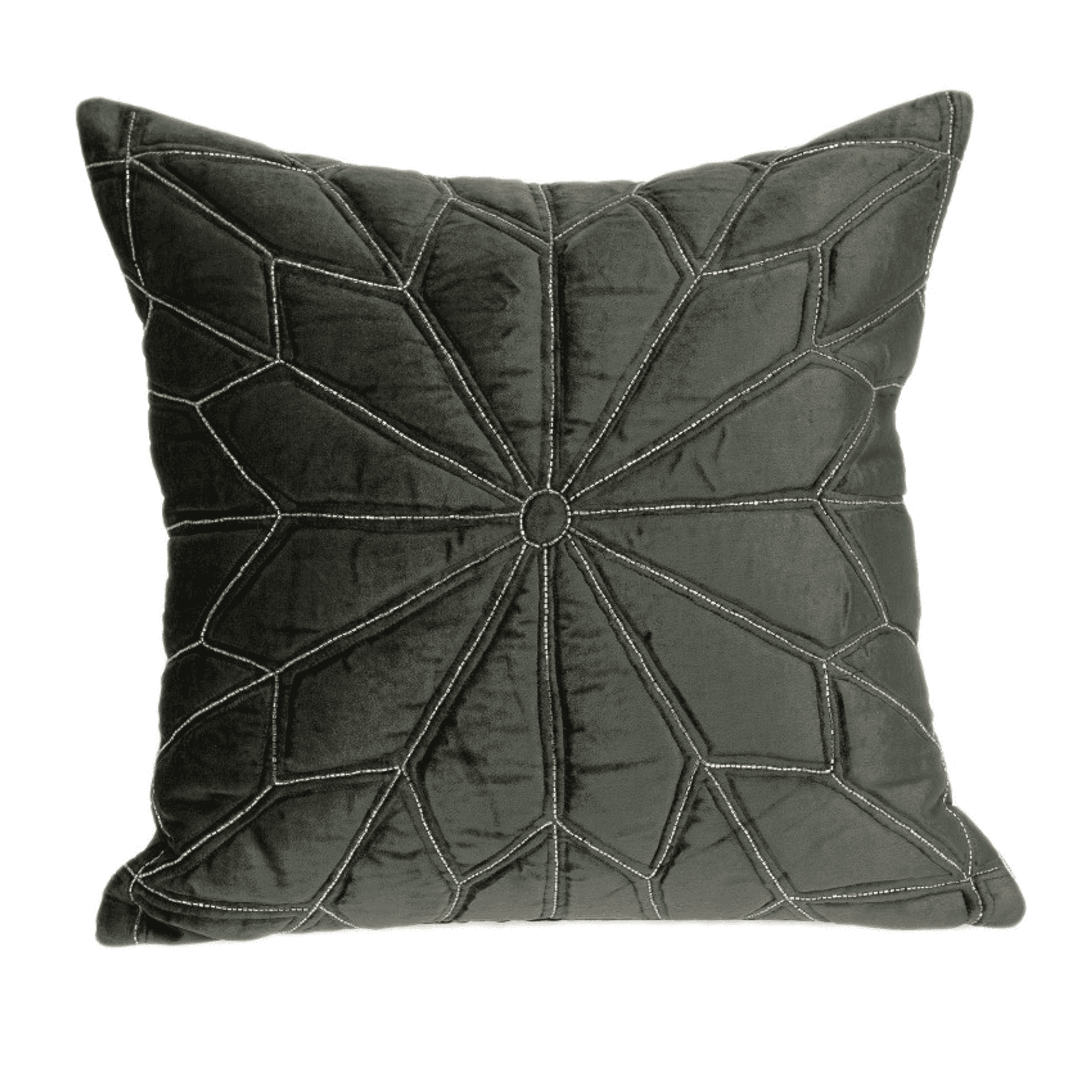 Dark gray velvet throw pillow with stitched starburst geometric design and round center button.