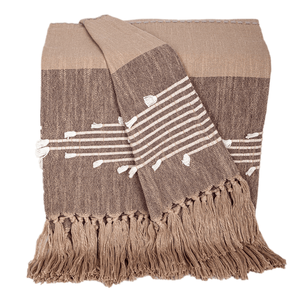 Coffee cotton slub throw blanket with fringe tassels and striped bands