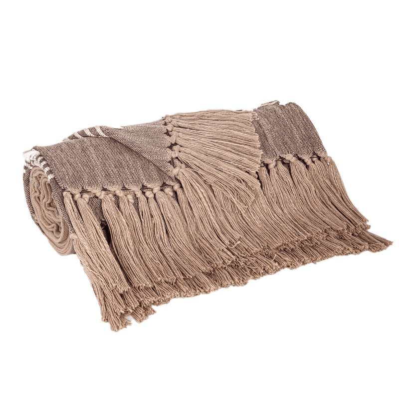 Folded coffee cotton slub throw blanket with tasseled fringe and striped panels
