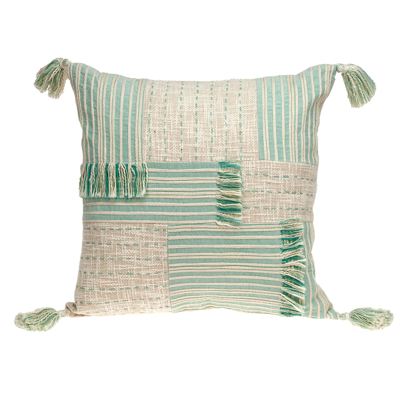 Square throw pillow in cream and mint stripes with layered fringe and tassels