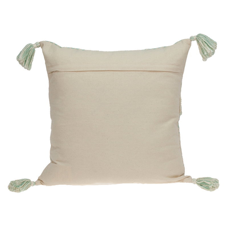 Cream throw pillow cover with mint band and corner tassels