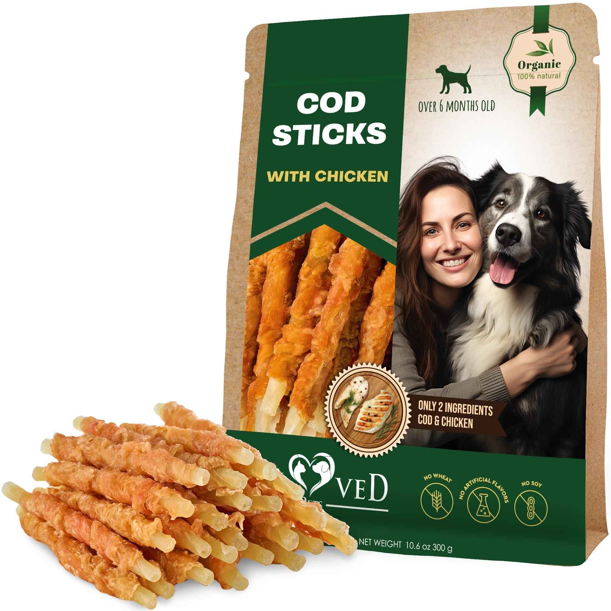 Cod Sticks Dog Treats Chicken Wrapped   All Natural Rawhide   Free & Grain Free Long Lasting Chews for Large & Small Dogs   Organic Dried Pet Snacks   Support Healthy Teeth & Skin Coat