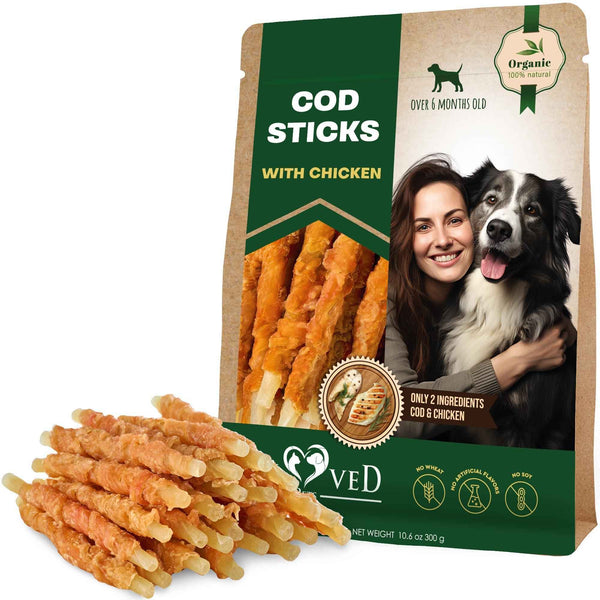 Cod Sticks Dog Treats Chicken Wrapped   All Natural Rawhide   Free & Grain Free Long Lasting Chews for Large & Small Dogs   Organic Dried Pet Snacks   Support Healthy Teeth & Skin Coat