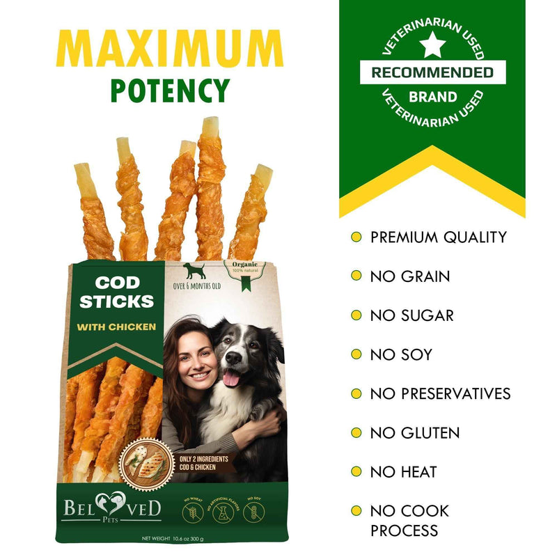 Cod Sticks Dog Treats Chicken Wrapped   All Natural Rawhide   Free & Grain Free Long Lasting Chews for Large & Small Dogs   Organic Dried Pet Snacks   Support Healthy Teeth & Skin Coat