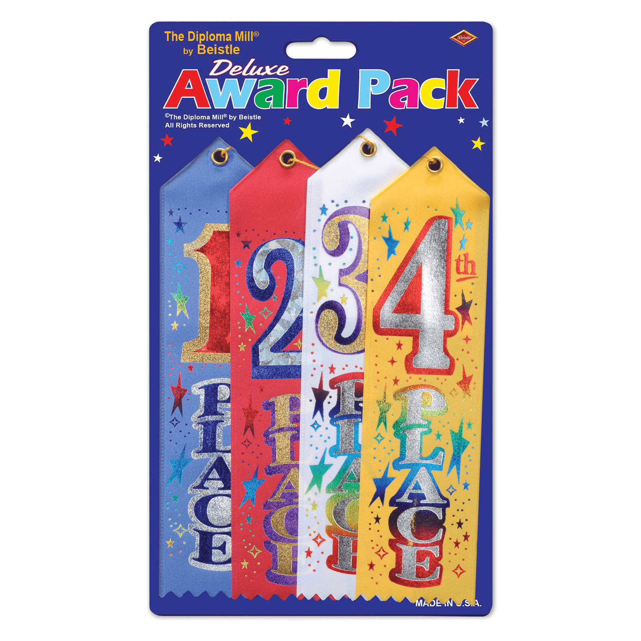Deluxe award ribbon pack with hanging ribbons featuring numbers 1–4