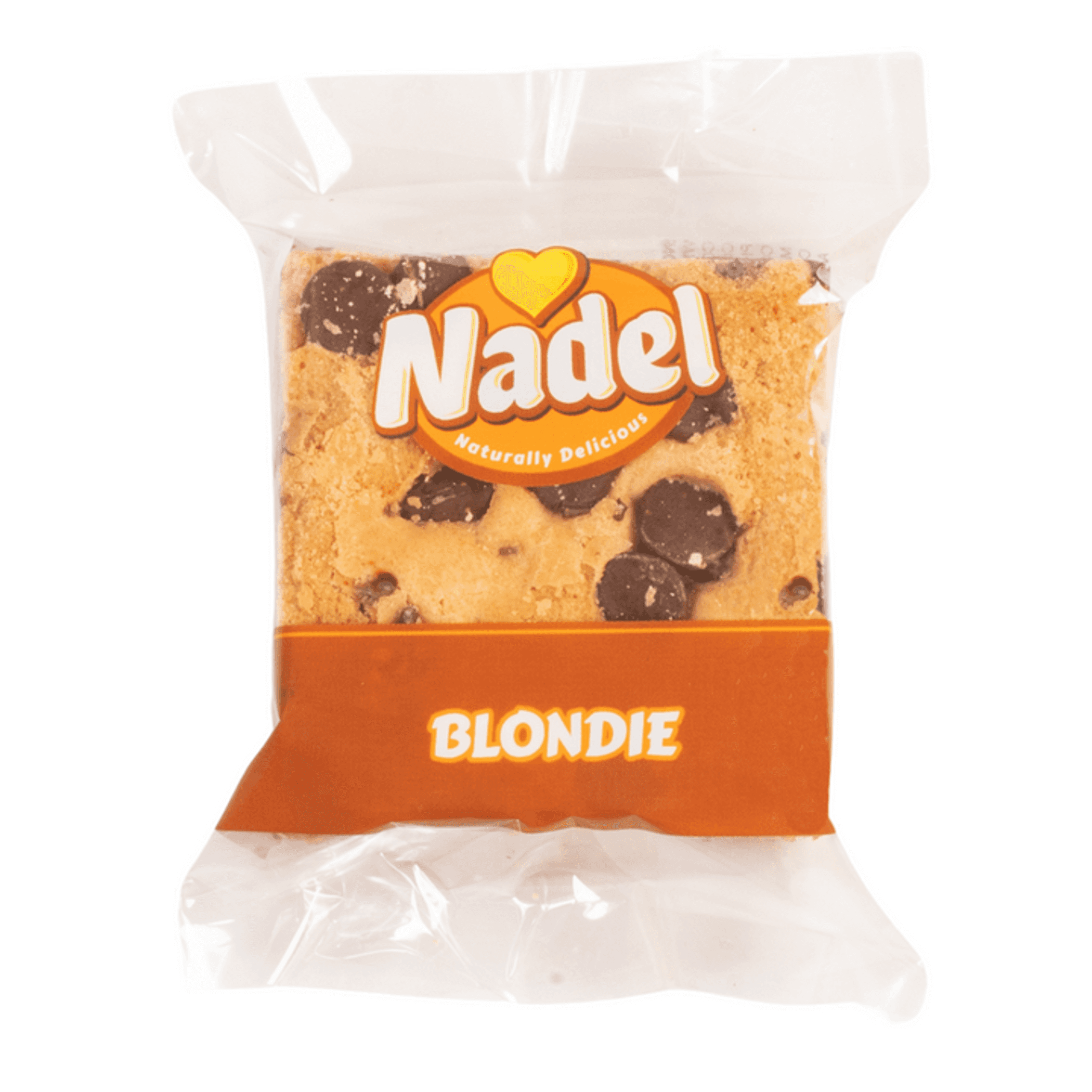 Individually wrapped Nadel Blondie brownie with chocolate chips in clear plastic.
