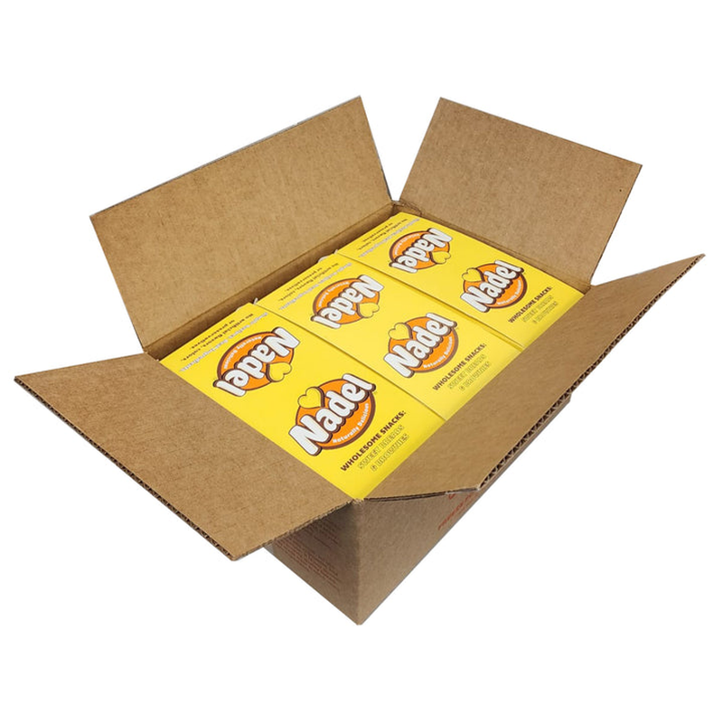 Box of individually wrapped bread slices, open kraft carton with yellow Nadel panel