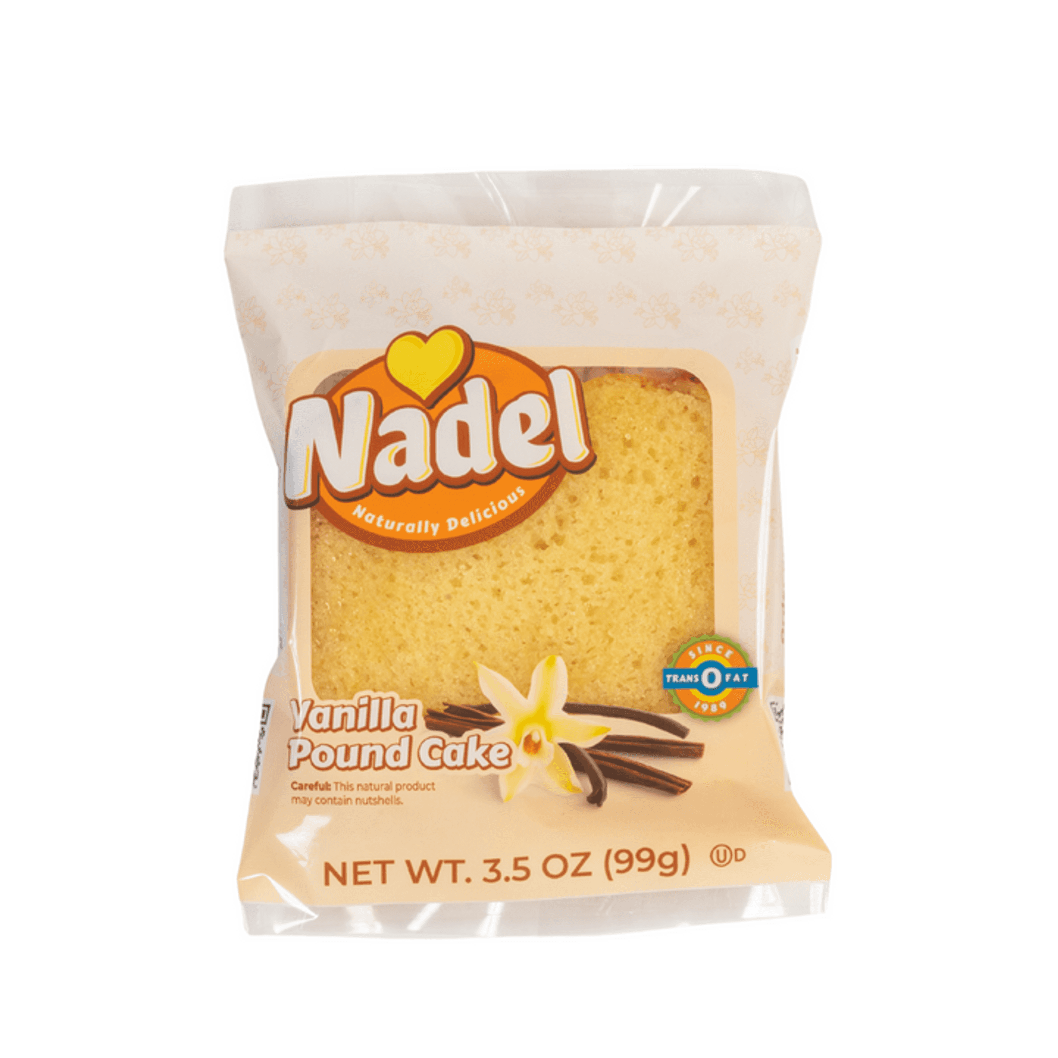 Vanilla pound cake slice in clear individually wrapped bag with NaDeL label, 3.5 oz
