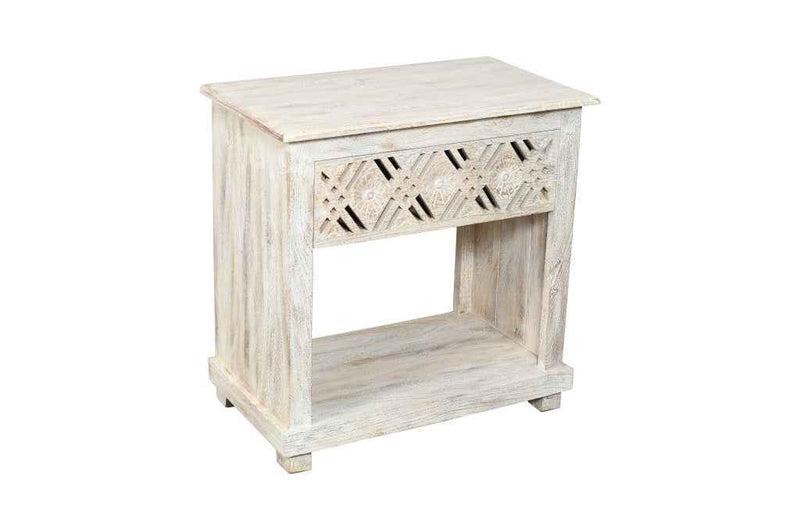 28" White Solid Wood Distressed Carved Geometric One Drawer Nightstand