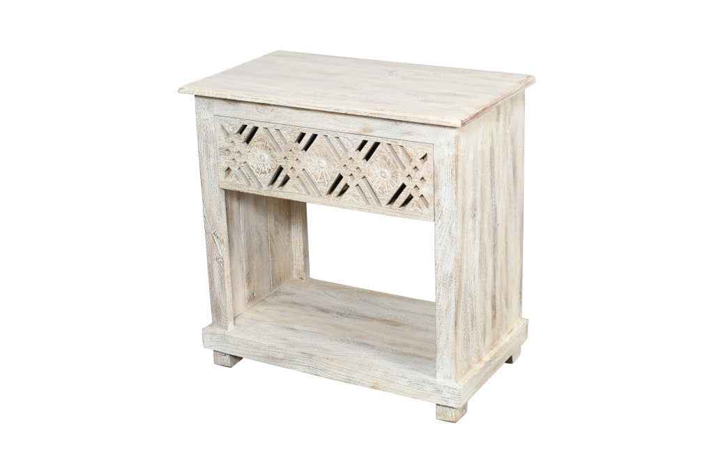 28" White Solid Wood Distressed Carved Geometric One Drawer Nightstand