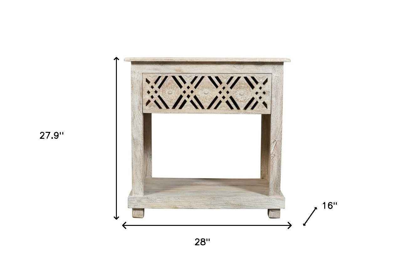 28" White Solid Wood Distressed Carved Geometric One Drawer Nightstand