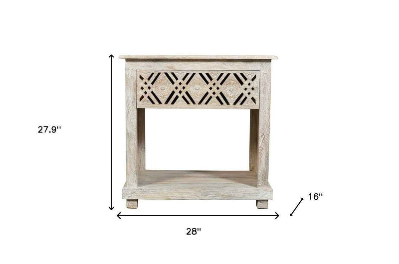 28" White Solid Wood Distressed Carved Geometric One Drawer Nightstand