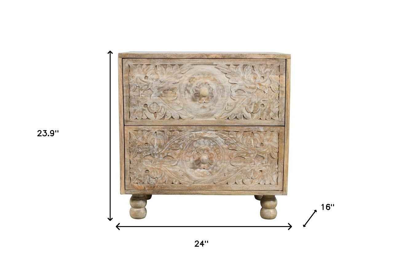 24" Natural Two Drawer Distressed Carved Floral Solid Wood Nightstand