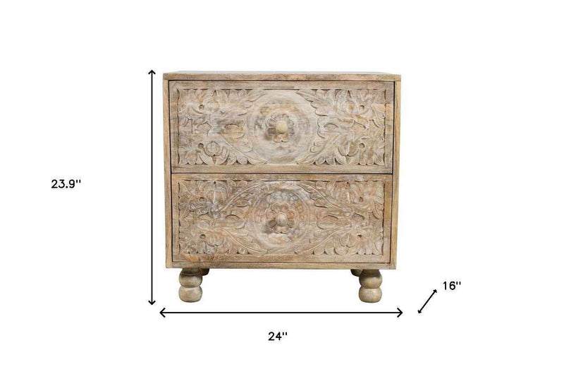 24" Natural Two Drawer Distressed Carved Floral Solid Wood Nightstand
