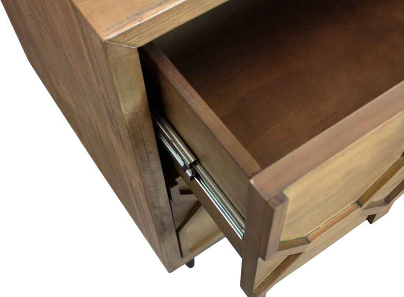 28" Natural Two Drawer Distressed Carved Geometric Solid Wood Nightstand