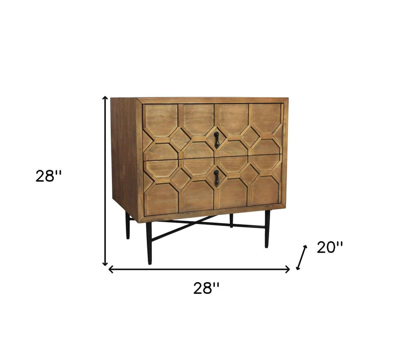 28" Natural Two Drawer Distressed Carved Geometric Solid Wood Nightstand