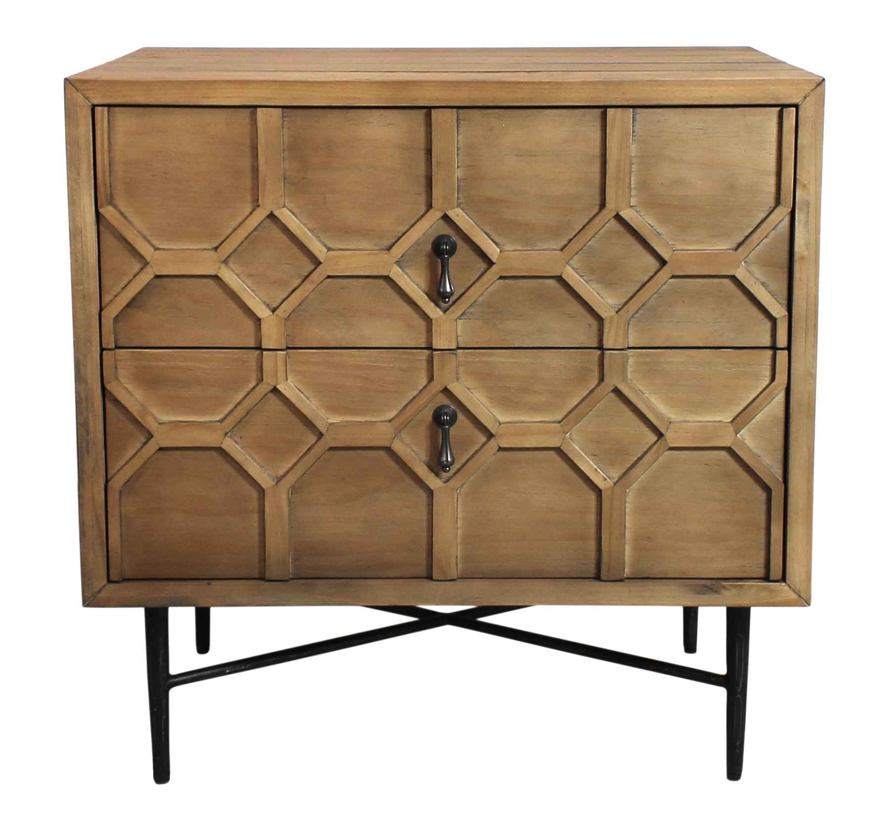 28" Natural Two Drawer Distressed Carved Geometric Solid Wood Nightstand