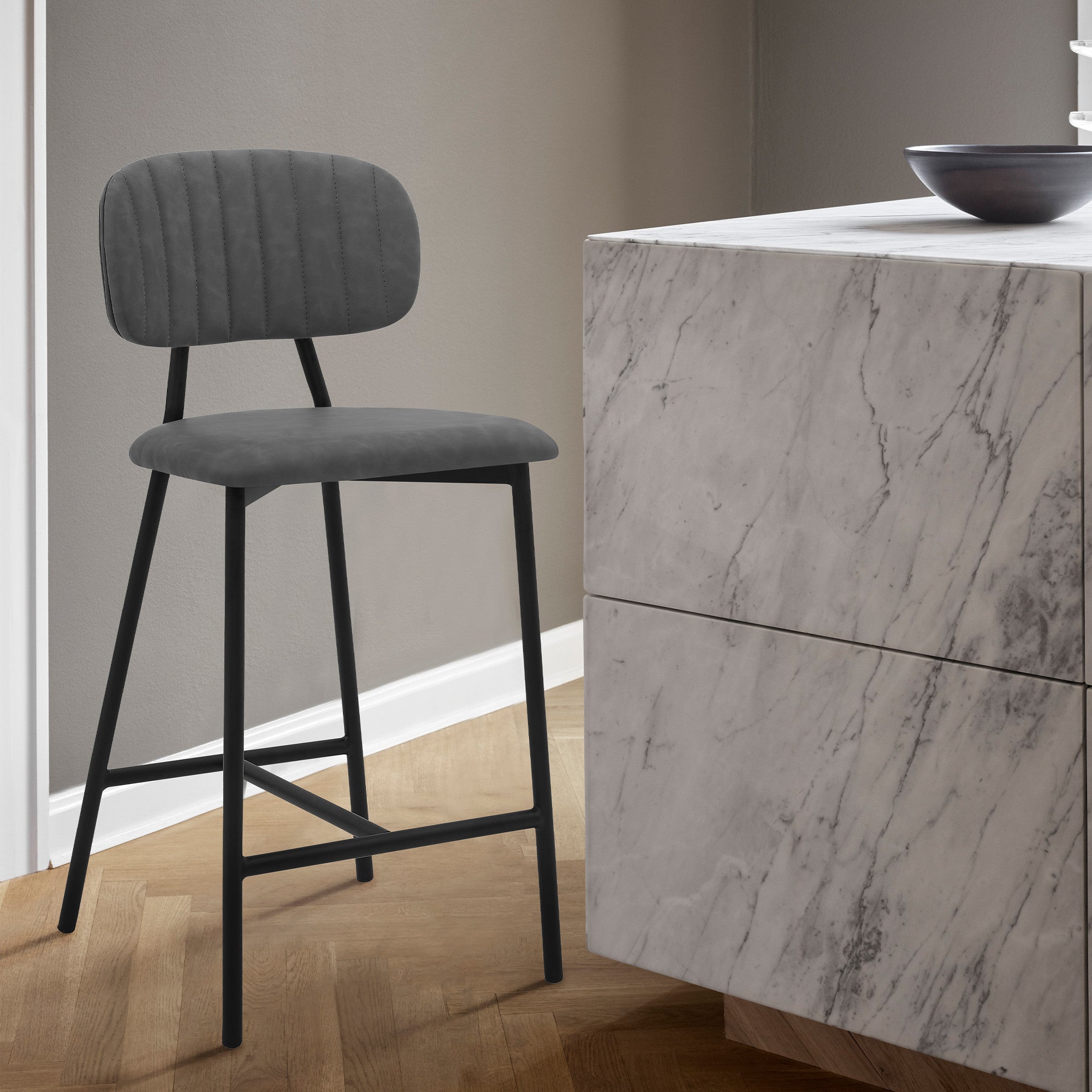 26" Gray And Black Faux Leather And Iron Low Back Counter Height Bar Chair - Living Room