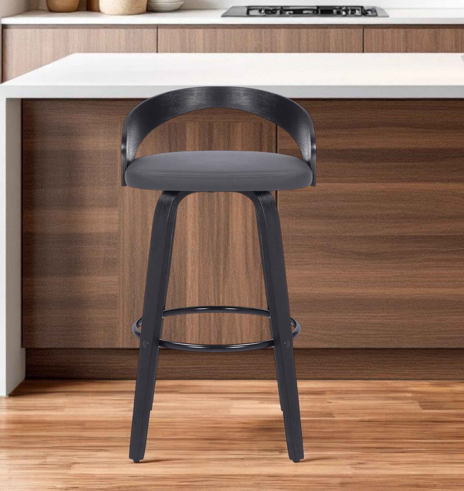 30" Gray and Black Faux Leather and Iron Low Back Bar Height Swivel Bar Chair