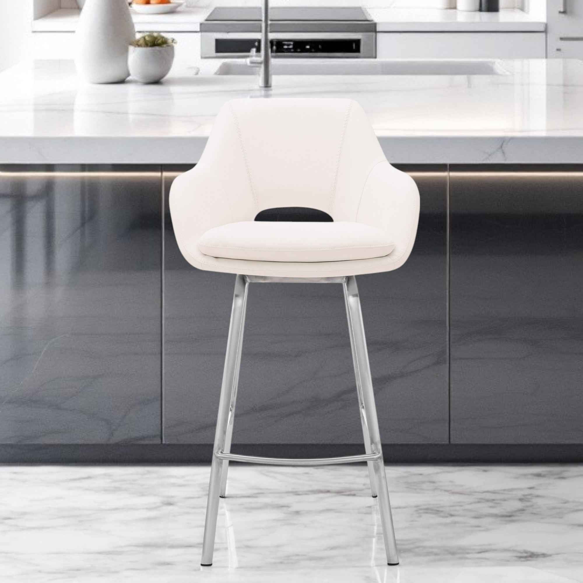 30" White And Silver Iron Swivel Low Back Bar Height Bar Chair