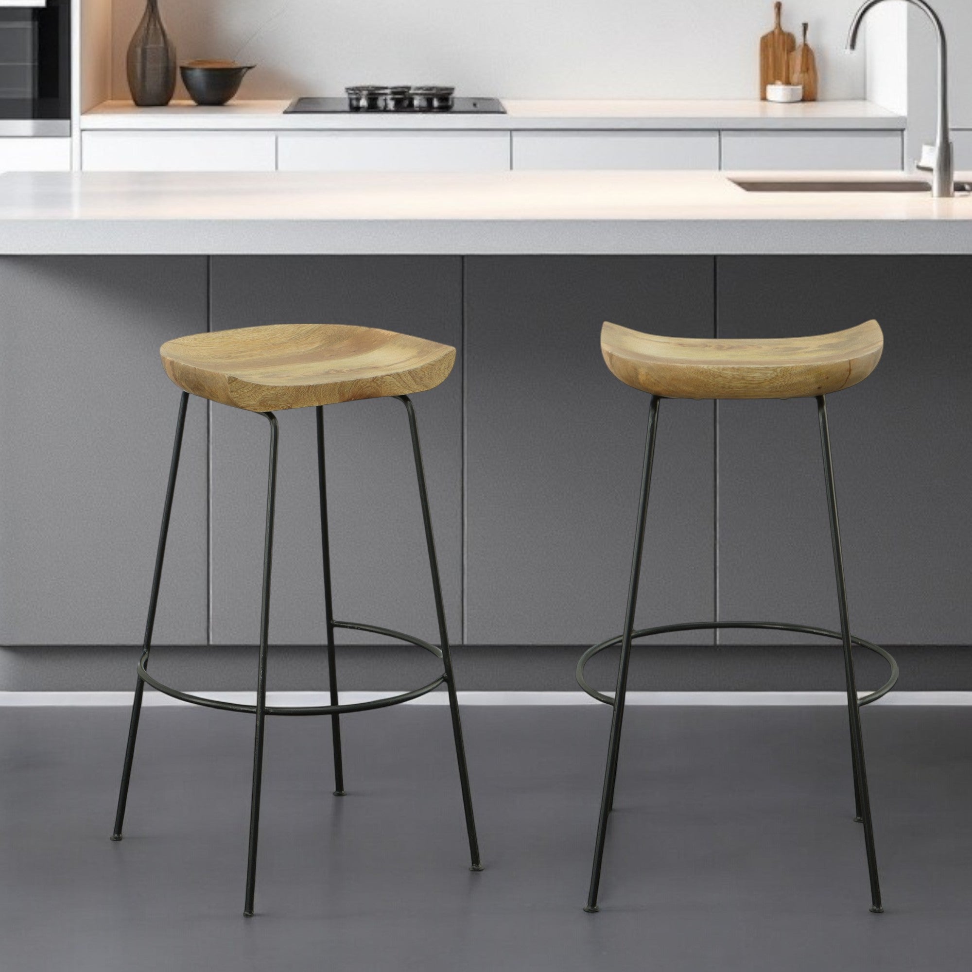 Set of Two 31" Natural and Black Solid Wood and Steel Backless Bar Height Bar Chairs Default Title