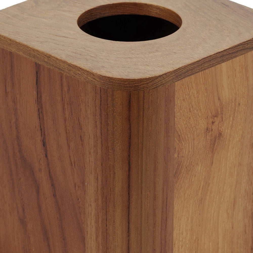 Teak tissue box cover with round top opening and visible wood grain