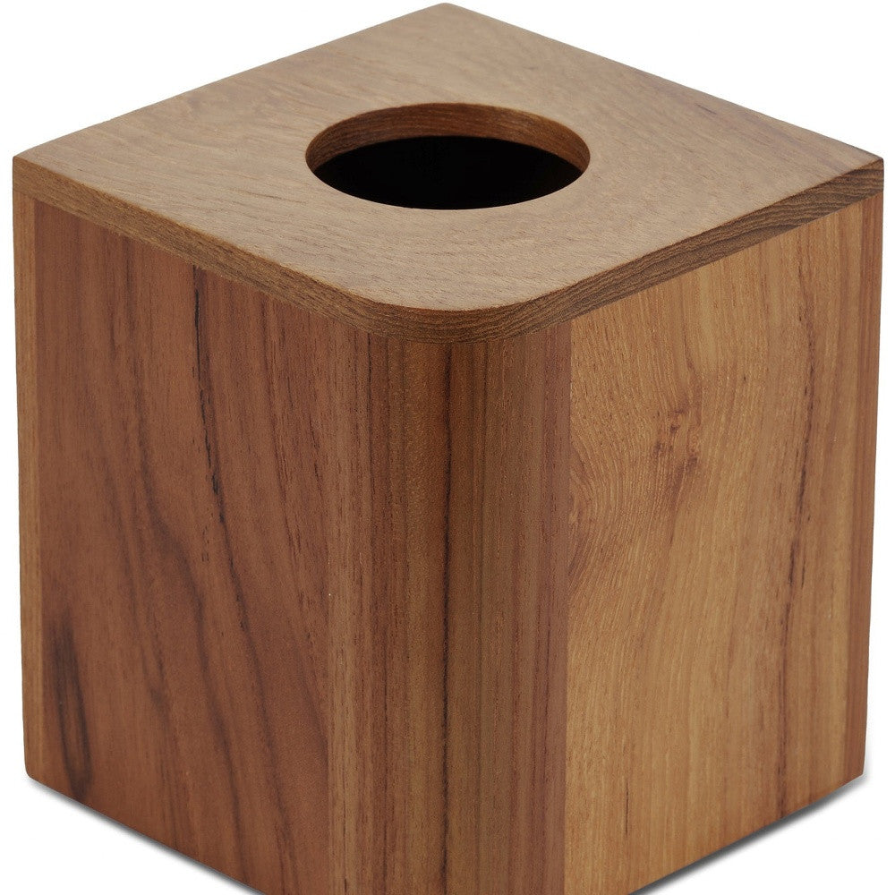 Teak tissue box cover, cube-shaped wooden holder with round opening on top