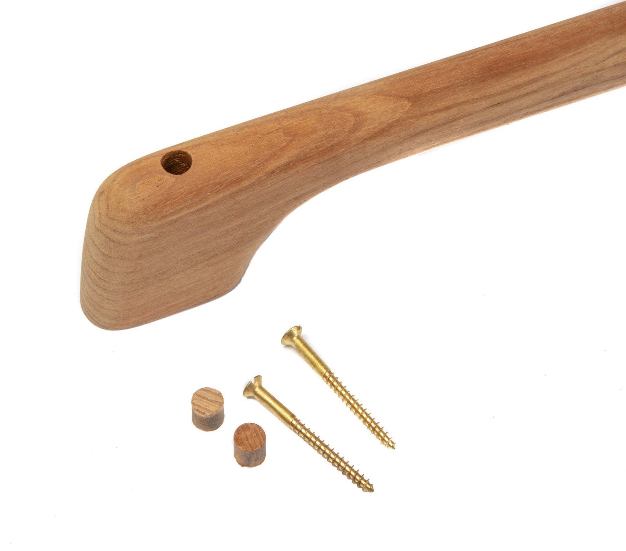 Solid teak towel bar with mounting hole, shown with gold screws and wood anchors