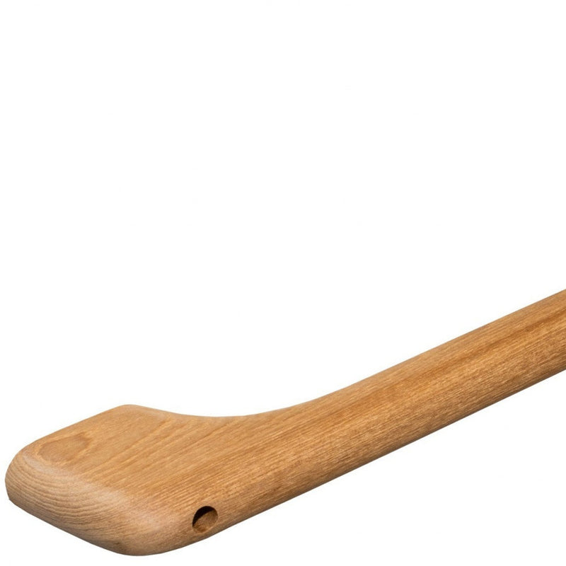 Light-brown teak towel bar with rounded end and mounting hole
