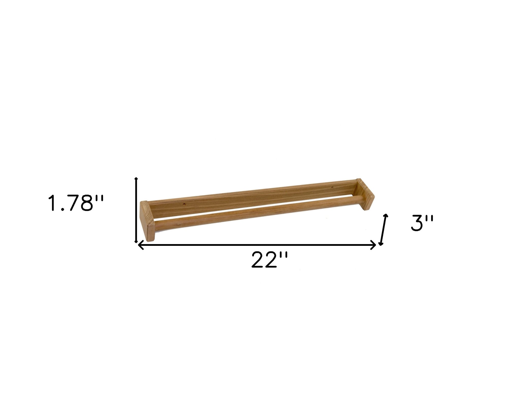 Solid teak towel bar, 22 in long, low-profile bracket mounts