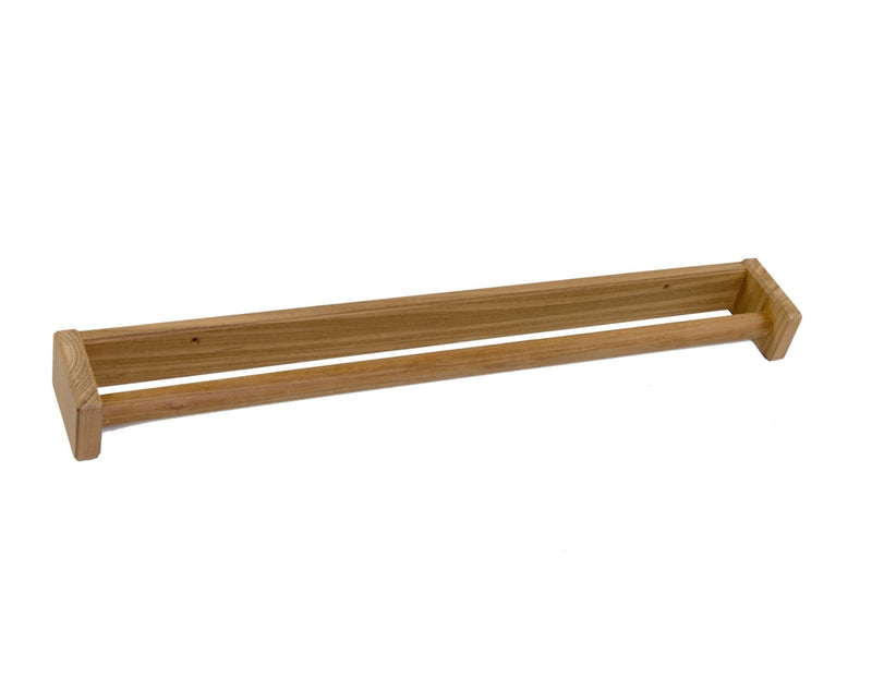 Solid teak towel bar with angled end caps and straight hanging bar