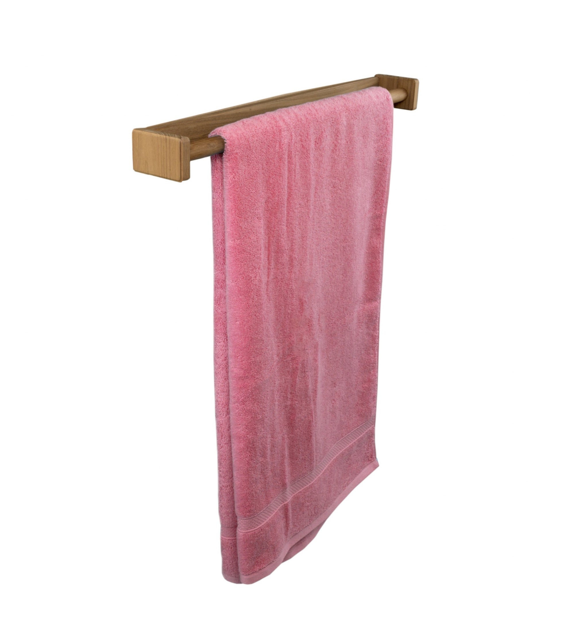 Teak towel bar with a pink towel hanging from the rod