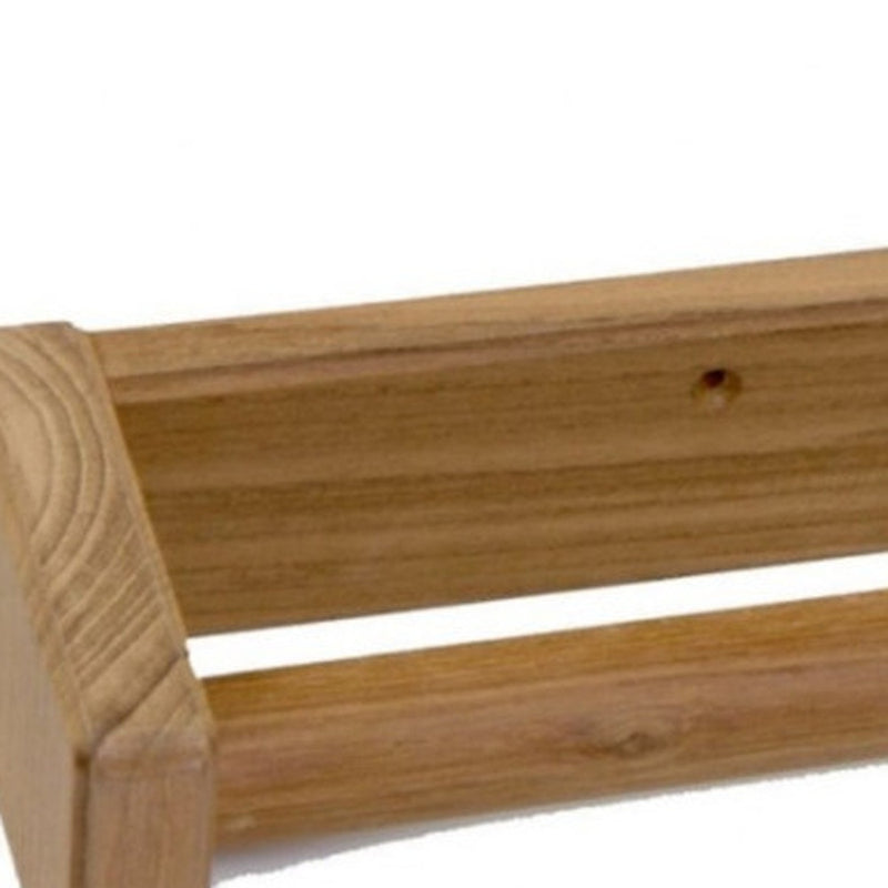 Teak towel bar close-up showing wood grain and mounting corner bracket